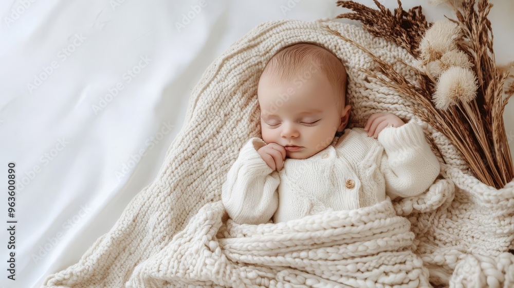 Adorable baby sleeping peacefully wrapped in a soft, cozy blanket, surrounded by dried flowers on a white background. Adorable baby sleeping peacefully wrapped in a soft, cozy blanket, surrounded by dried flowers on a white background.