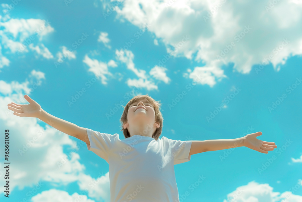 relaxed boy breathing fresh air raising arms over blue sky relaxed boy breathing fresh air raising arms over blue sky