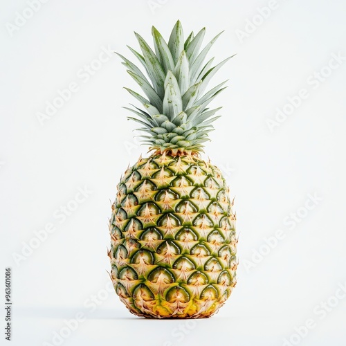 A tropical pineapple with detailed texture, isolated against a plain white backdrop