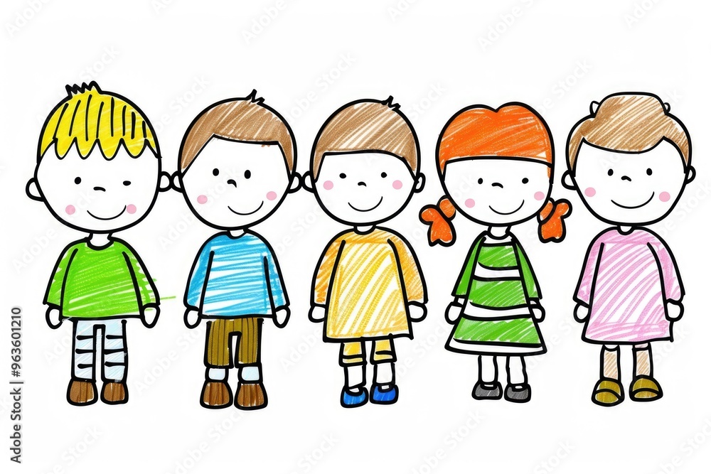 Group of children in colorful clothes drawn with colored pencils on a white background in a cartoon style for children's albums. Group of children in colorful clothes drawn with colored pencils on a white background in a cartoon style for children's albums.