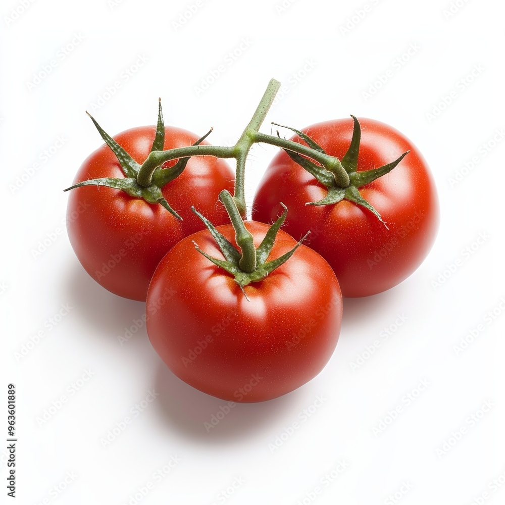 Bright and glossy red tomatoes with a green stem, sitting on a clean, white background Bright and glossy red tomatoes with a green stem, sitting on a clean, white background
