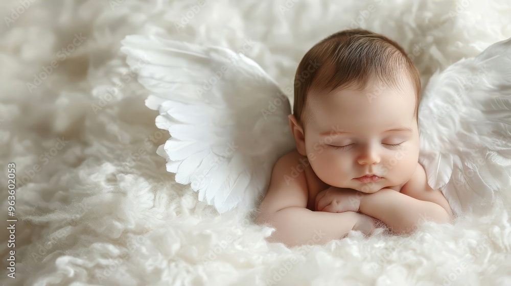 Adorable baby with angel wings sleeping peacefully on a fluffy white blanket, evoking innocence and purity in a dreamy setting. Adorable baby with angel wings sleeping peacefully on a fluffy white blanket, evoking innocence and purity in a dreamy setting.