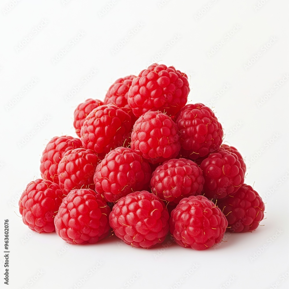 Bright red raspberries arranged in a neat pile, glistening against a plain white background Bright red raspberries arranged in a neat pile, glistening against a plain white background