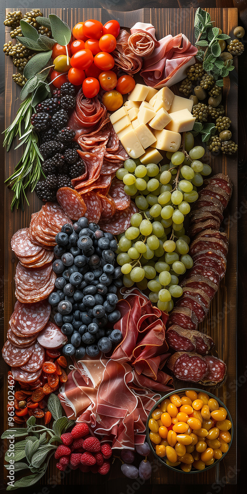 Charcuterie Board with Mixed Meats, Cheese, Grapes, Olives, and Cherry Tomatoes, cold cuts meat, banner Charcuterie Board with Mixed Meats, Cheese, Grapes, Olives, and Cherry Tomatoes, cold cuts meat, banner