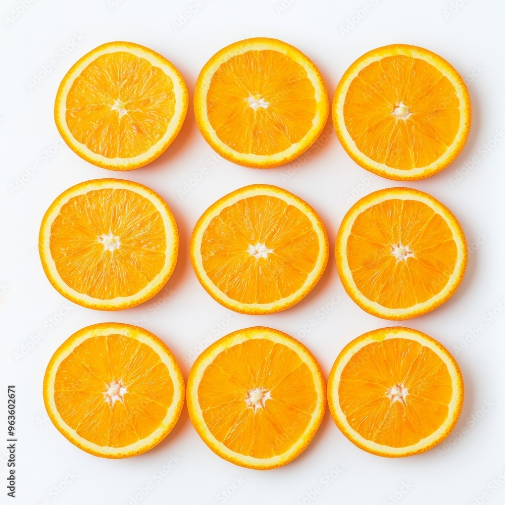 Freshly cut slices of orange arranged in a circular pattern on a white background Freshly cut slices of orange arranged in a circular pattern on a white background