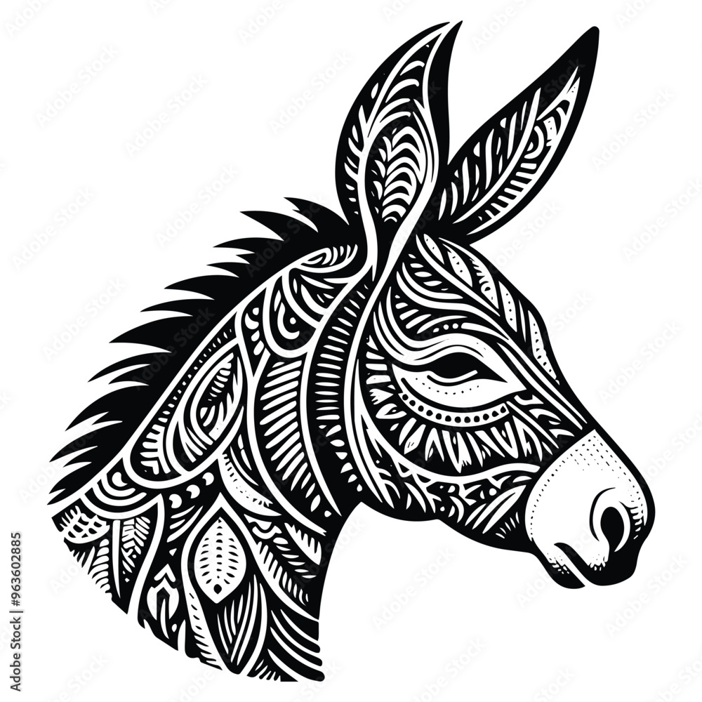 Fototapeta premium Donkey in zentangle art, stencil logo, black and white animal illustration