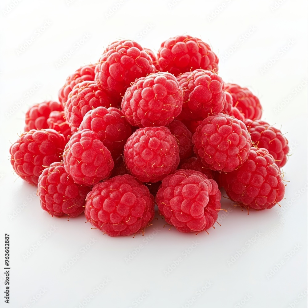 Freshly picked raspberries, arranged in a neat pile, glistening with natural moisture on a clean white surface Freshly picked raspberries, arranged in a neat pile, glistening with natural moisture on a clean white surface