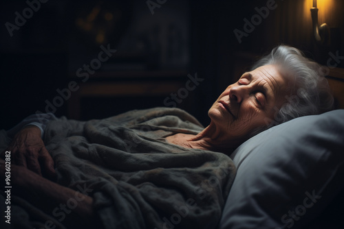 elderly woman sleeping in dark room blurred background