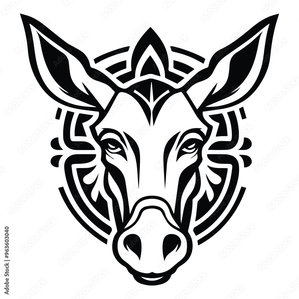 Donkey with art nouveau decoration, stencil logo, black and white animal illustration Donkey with art nouveau decoration, stencil logo, black and white animal illustration
