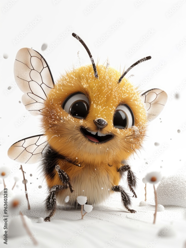Fototapeta premium A cute, cartoon-style bee with small transparent wings and large eyes on a white background, for playful children's art and creative greeting cards.