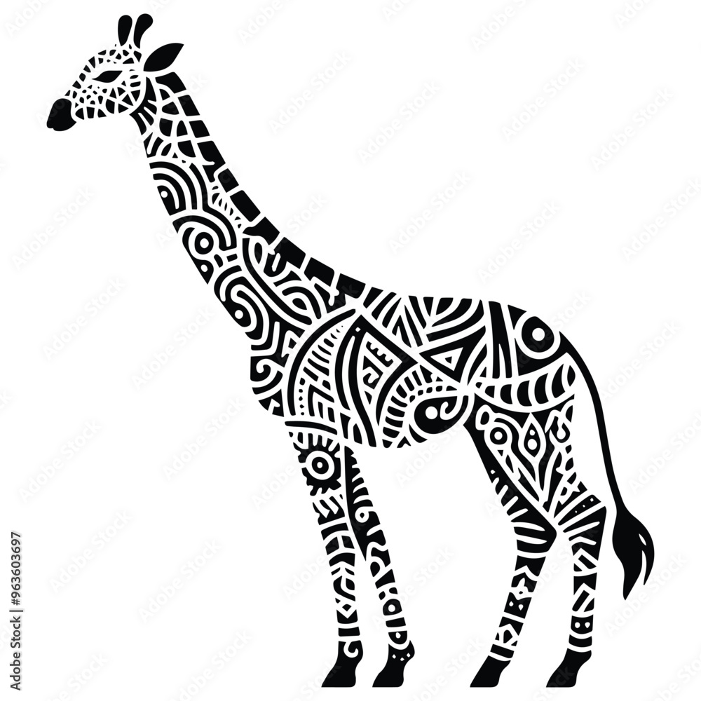 Fototapeta premium Giraffe in zentangle art, stencil logo, black and white animal illustration