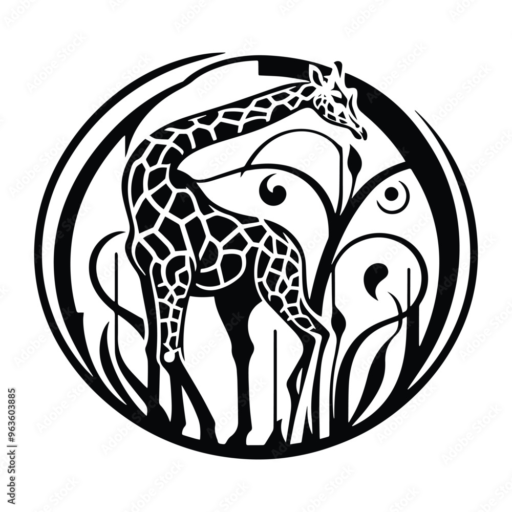 Obraz premium Giraffe with art nouveau decoration, stencil logo, black and white animal illustration