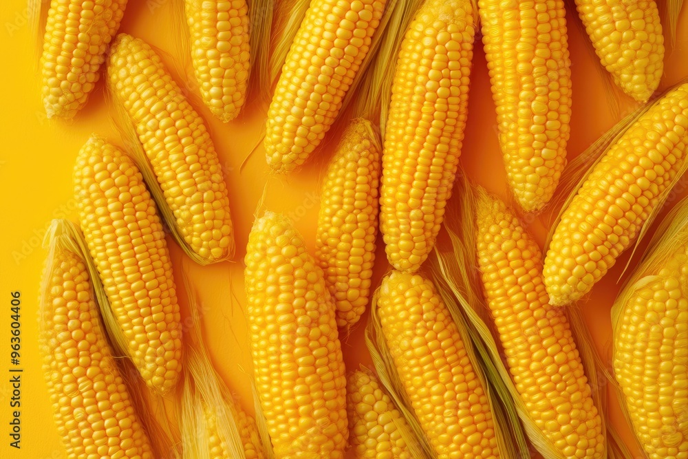 Close-Up of Juicy Corn Kernels on Vibrant Yellow Background Close-Up of Juicy Corn Kernels on Vibrant Yellow Background