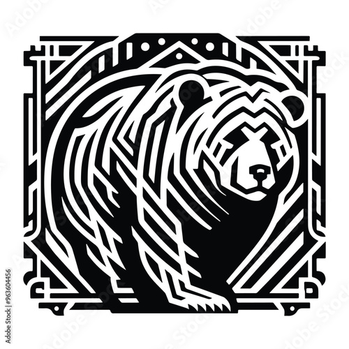 grizzly bear with art deco decoration, stencil logo, black and white animal illustration