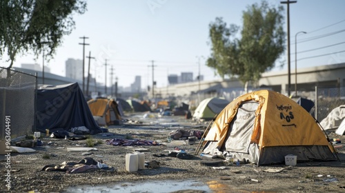 Homeless encampment under an overpass in an urban area.