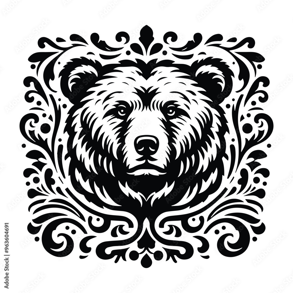 Fototapeta premium grizzly bear with victorian flourish decoration, stencil logo, black and white animal illustration