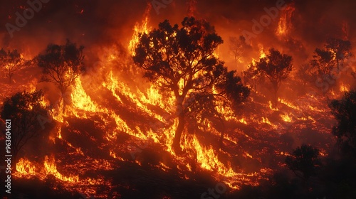 Wildfires raging uncontrollably across a parched forest, representing the escalating threat of fires in a warming world, with flames consuming everything in their path. photo