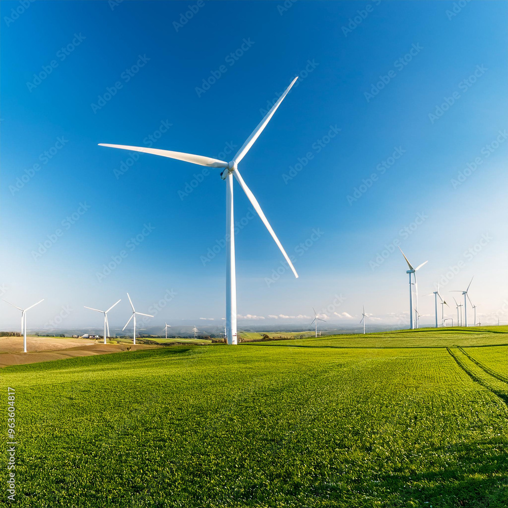 Large wind turbines generating electricity in a green field under a clear sky. Large wind turbines generating electricity in a green field under a clear sky.