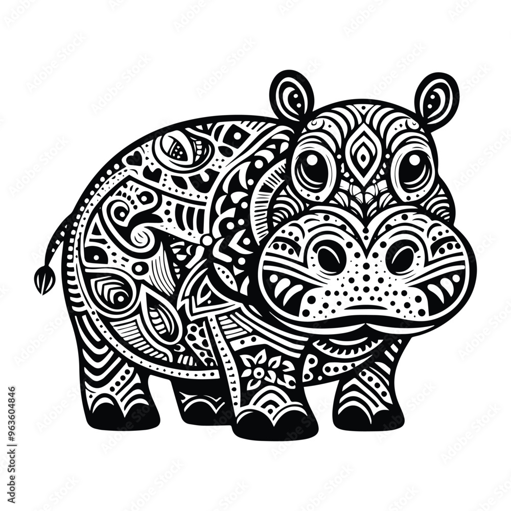 Naklejka premium Hippo in zentangle art, stencil logo, black and white animal illustration