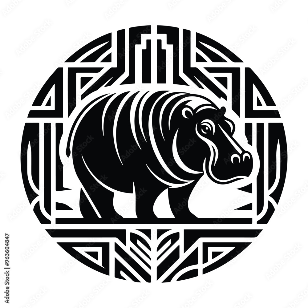 Hippo with art deco decoration, stencil logo, black and white animal illustration Hippo with art deco decoration, stencil logo, black and white animal illustration