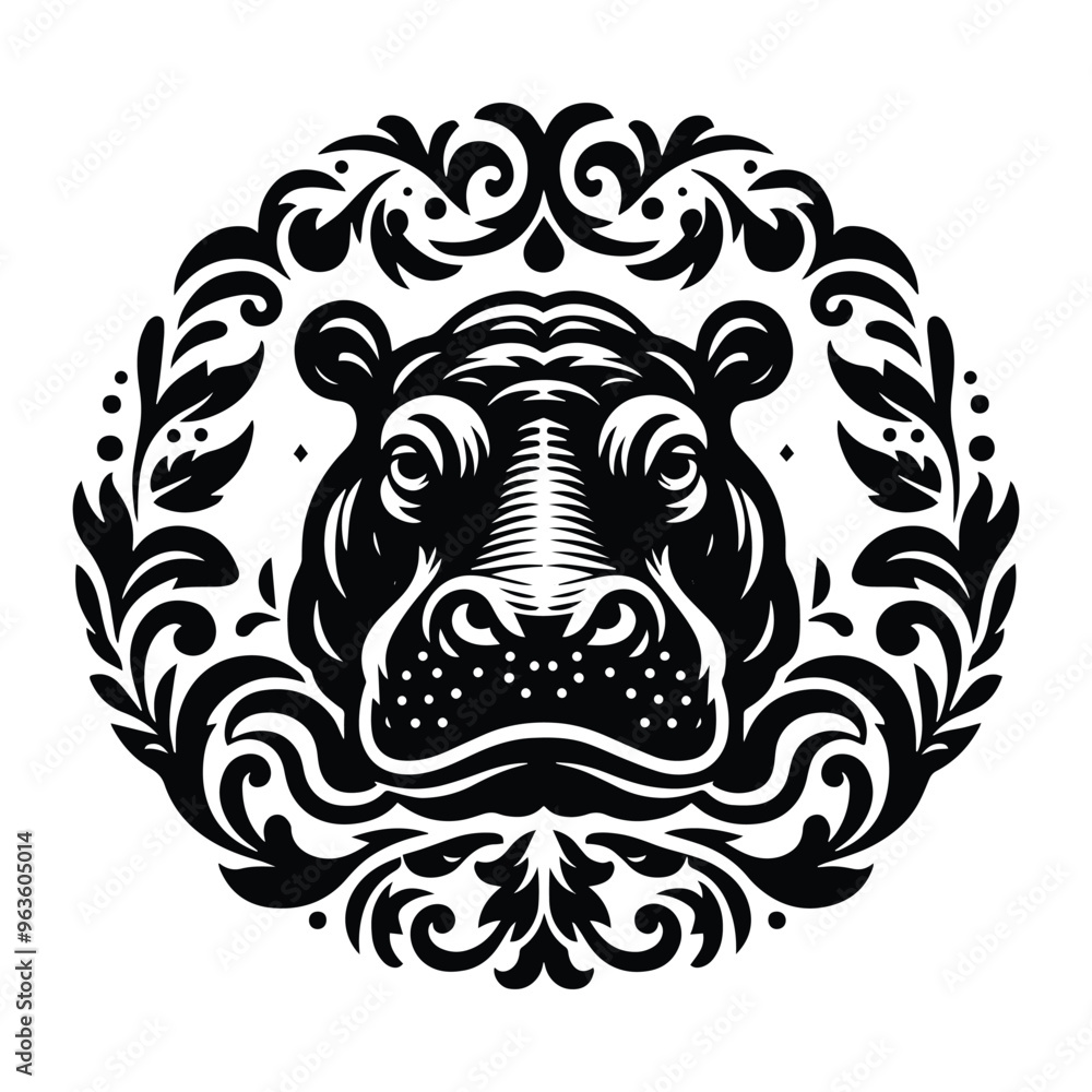 Hippo with victorian flourish decoration, stencil logo, black and white animal illustration Hippo with victorian flourish decoration, stencil logo, black and white animal illustration
