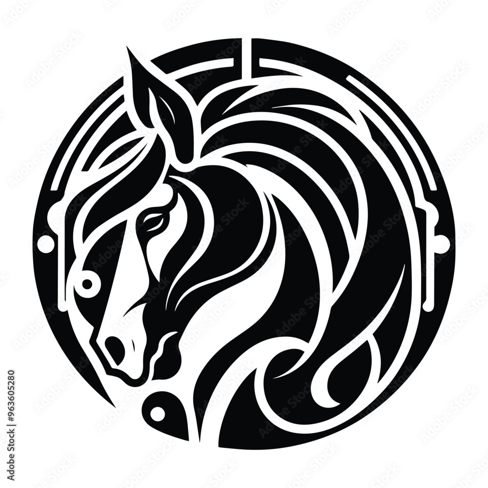 Horse with art nouveau decoration, stencil logo, black and white animal illustration Horse with art nouveau decoration, stencil logo, black and white animal illustration