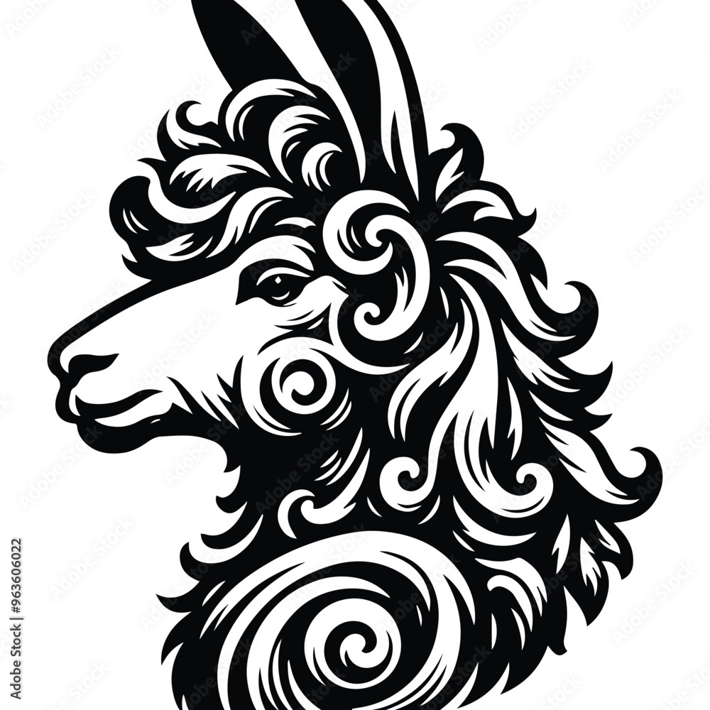 Fototapeta premium Llama with victorian flourish decoration, stencil logo, black and white animal illustration