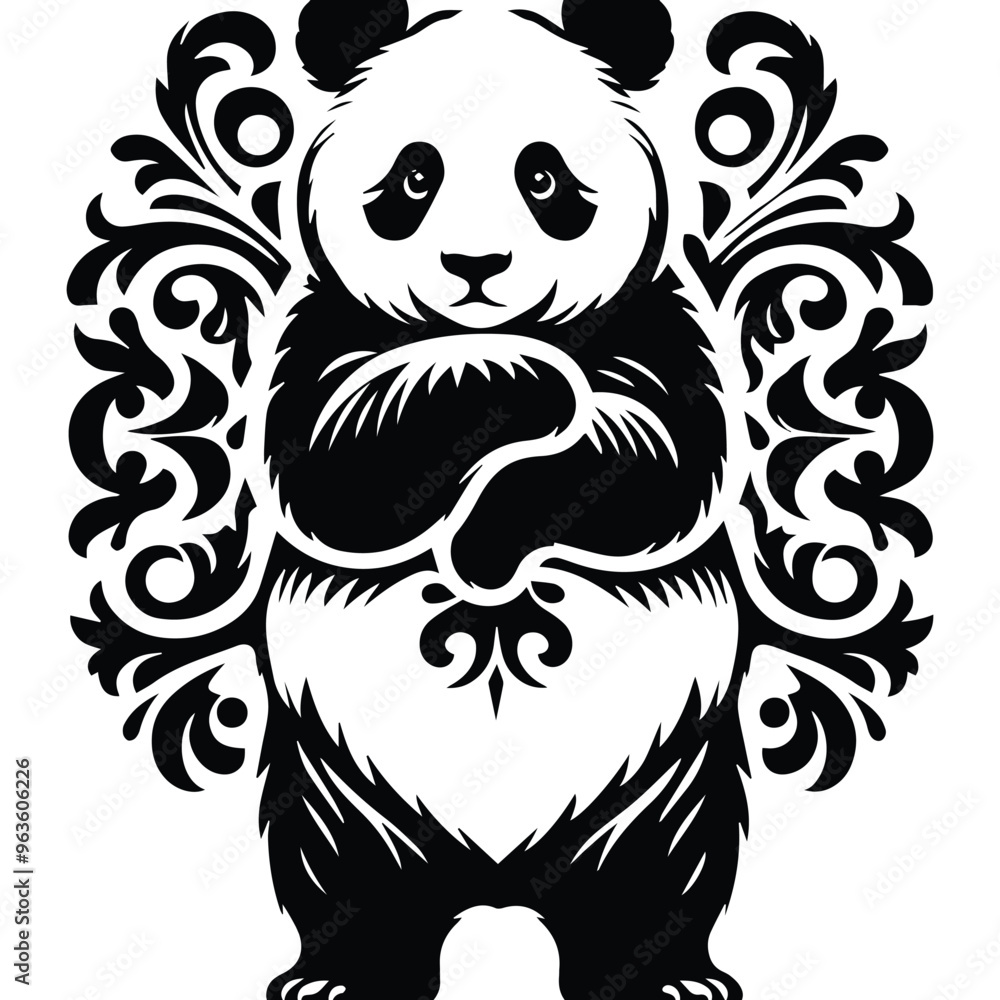 Obraz premium panda with victorian flourish decoration, stencil logo, black and white animal illustration