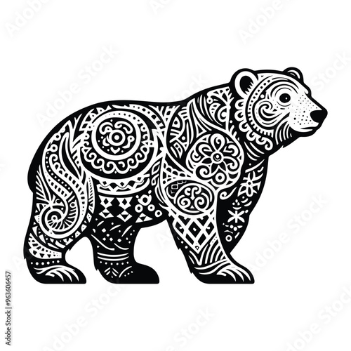 Polar bear in zentangle art, stencil logo, black and white animal illustration