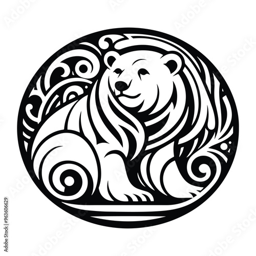 Polar bear with art nouveau decoration, stencil logo, black and white animal illustration