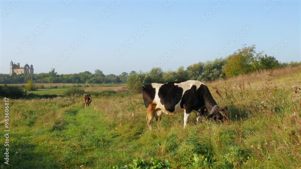 Two cows grazing in a sunlit field with rolling hills Two cows grazing in a sunlit field with rolling hills
