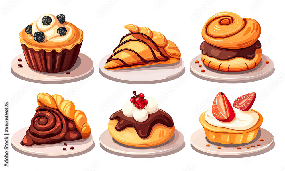 Pastry and dessert set, isolated on white background Pastry and dessert set, isolated on white background