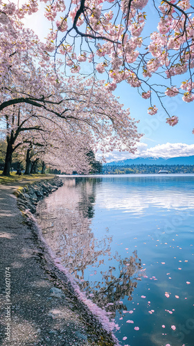 Pink cherry blossoms blooming over a calm lake in Stanley Park, Vancouver. The sun is shining brightly, making the flowers glow.