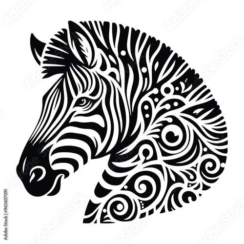 Zebra in zentangle art, stencil logo, black and white animal illustration