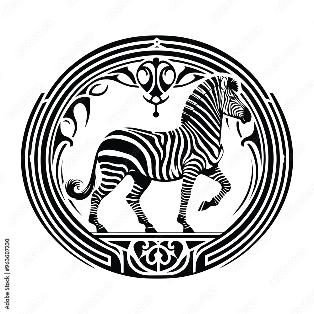 Zebra with art nouveau decoration, stencil logo, black and white animal illustration Zebra with art nouveau decoration, stencil logo, black and white animal illustration