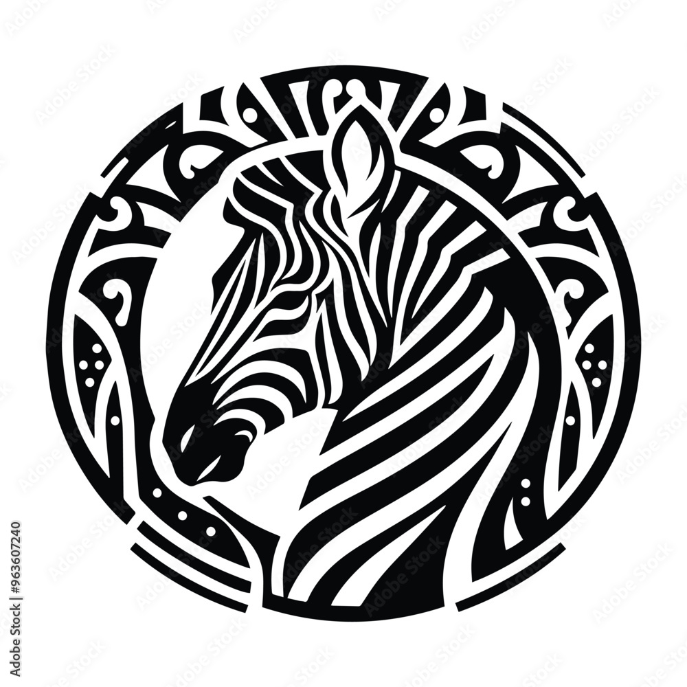 Zebra with art nouveau decoration, stencil logo, black and white animal illustration Zebra with art nouveau decoration, stencil logo, black and white animal illustration