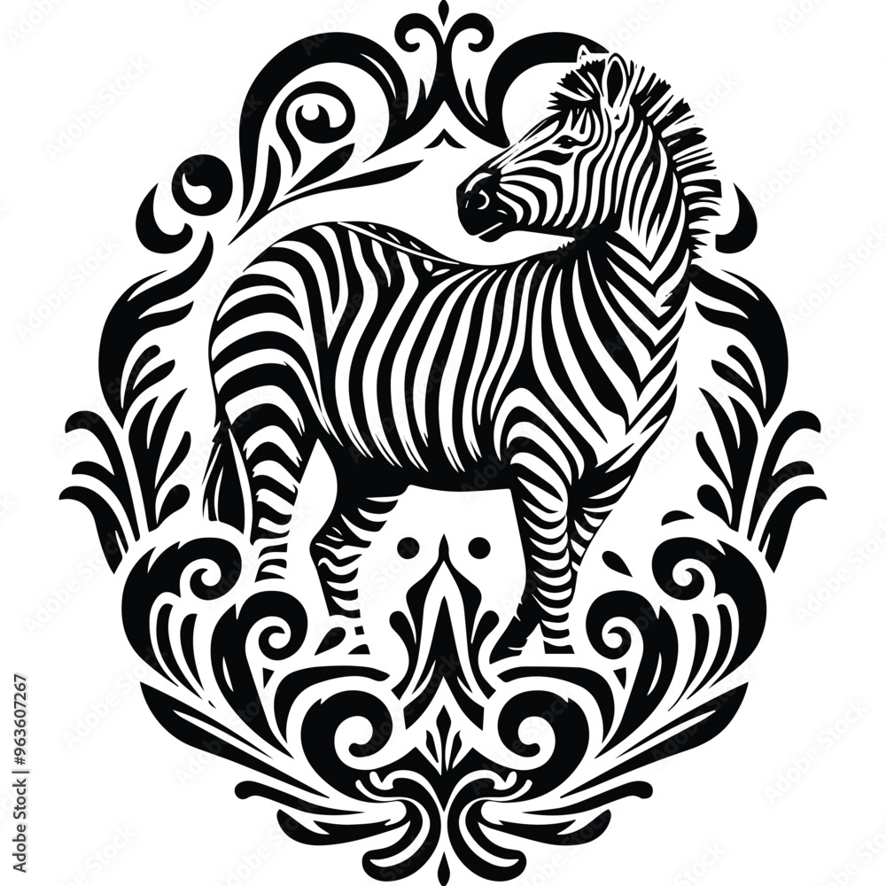 Zebra with victorian flourish decoration, stencil logo, black and white animal illustration Zebra with victorian flourish decoration, stencil logo, black and white animal illustration