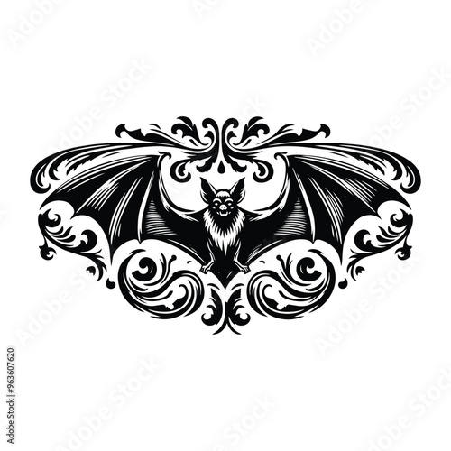 Bat with victorian flourish decoration, stencil logo, black and white animal illustration