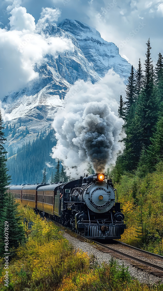 Obraz premium A powerful steam train makes its way through the Canadian Rockies, leaving a plume of smoke in its wake. The train is surrounded by majestic mountains, evergreen trees, and a picturesque blue sky.