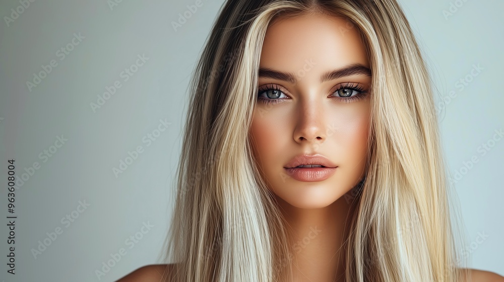 Fototapeta premium Photography of a beautiful young woman with long blonde hair, portrait style, perfect for backgrounds, wallpapers, fashion editorials, or beauty campaigns.