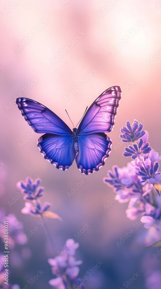 Purple butterfly resting on lavender flowers in Purple butterfly resting on lavender flowers in