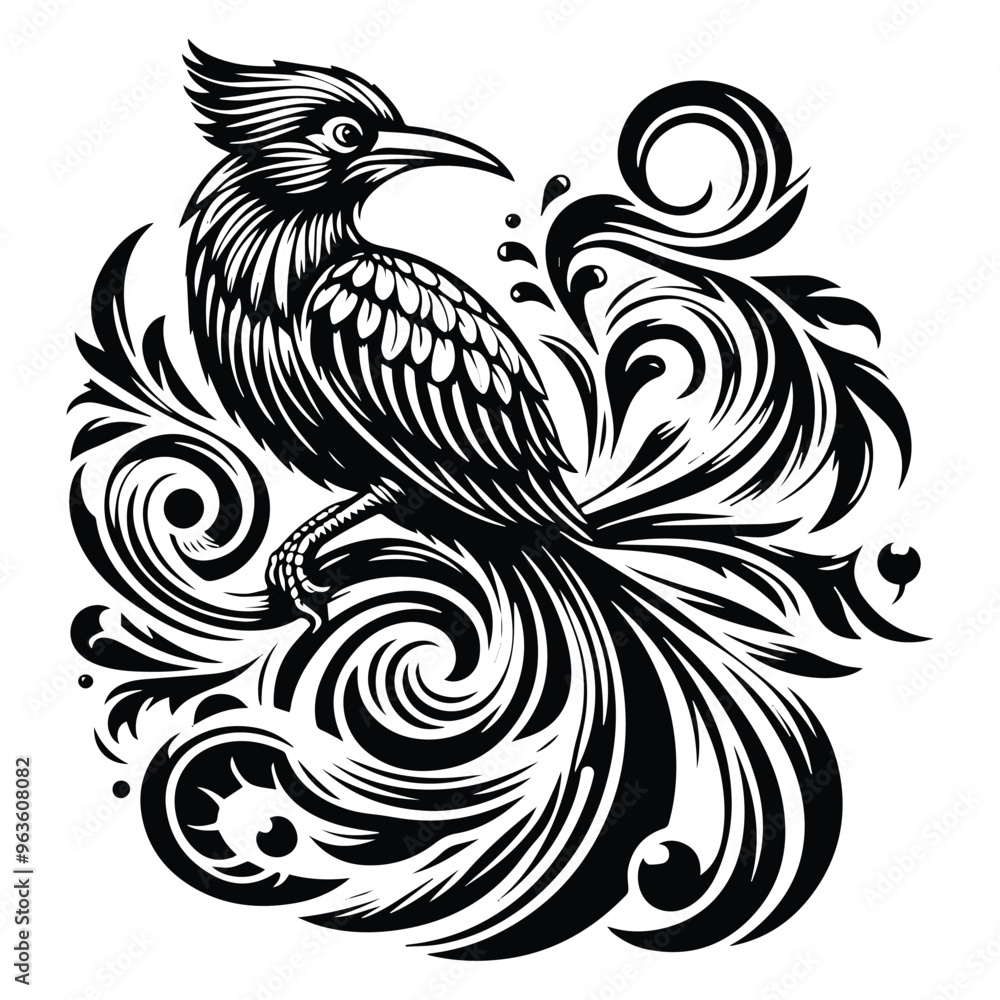 cendrawasih bird with victorian flourish decoration, stencil logo, black and white animal illustration cendrawasih bird with victorian flourish decoration, stencil logo, black and white animal illustration