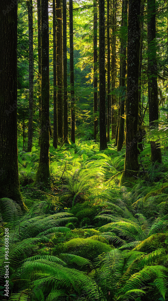 Lush green forest with sunlight shining through the trees Lush green forest with sunlight shining through the trees