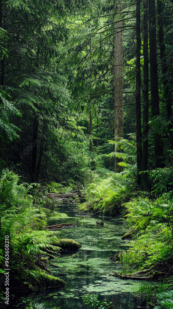 Fototapeta premium A tranquil forest stream meanders through a lush, verdant forest.