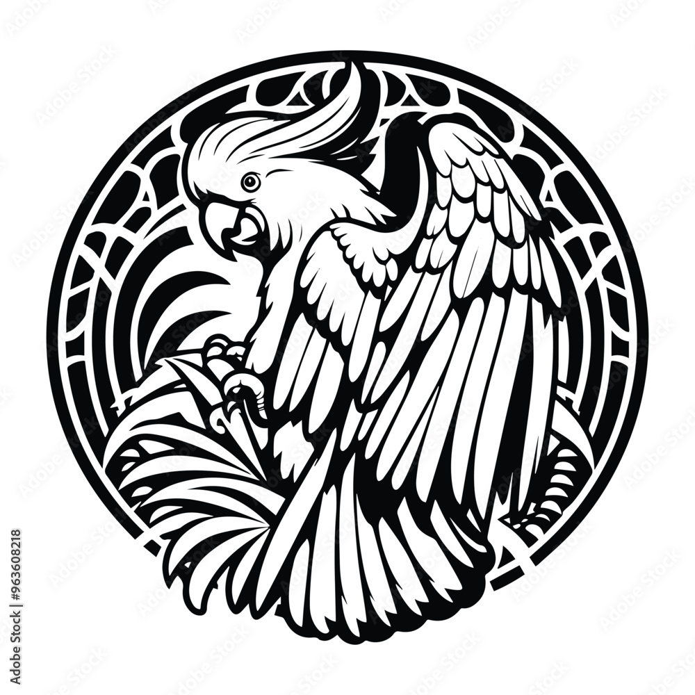Obraz premium Cockatoo bird with art nouveau decoration, stencil logo, black and white animal illustration
