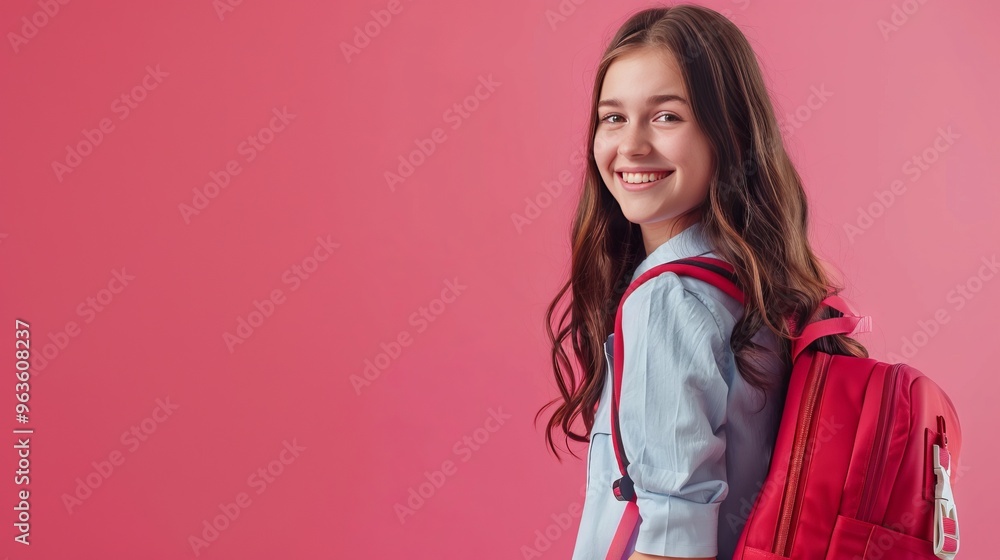 smiling school girl with a red backpack education concept smiling school girl with a red backpack education concept