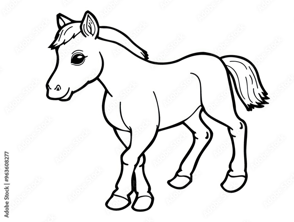 Black and white outline of a little foal in a children's coloring book. Black and white outline of a little foal in a children's coloring book.