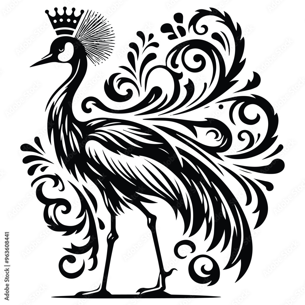 Crowned Crane bird with victorian flourish decoration, stencil logo, black and white animal illustration Crowned Crane bird with victorian flourish decoration, stencil logo, black and white animal illustration