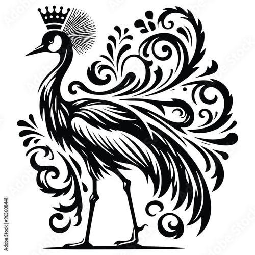 Crowned Crane bird with victorian flourish decoration, stencil logo, black and white animal illustration