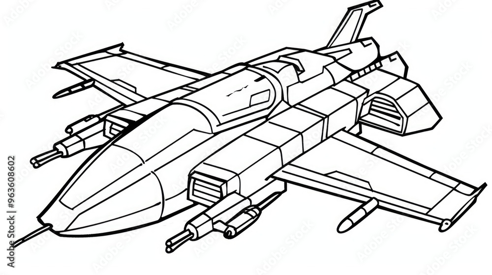 Children's coloring page featuring a black and white spaceship on a clean background. Children's coloring page featuring a black and white spaceship on a clean background.